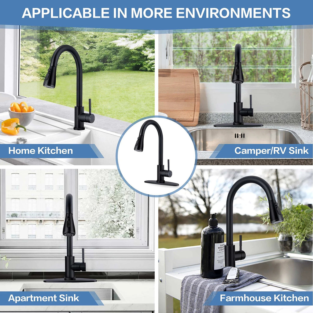 18/10 Stainless Steel Matte Black Kitchen Sink Faucet with Pull Down Sprayer I5373