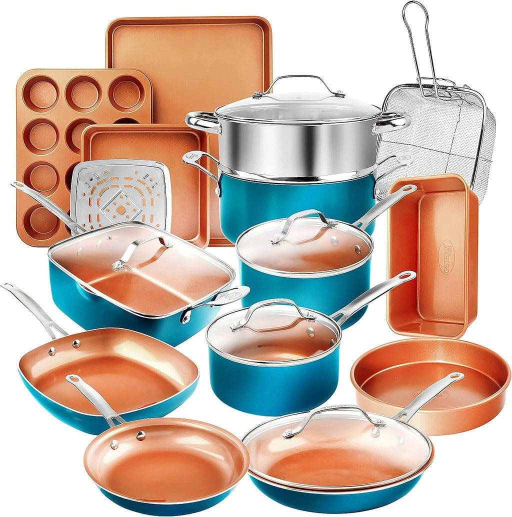 20 Piece Nonstick Copper Cookware Set with Ceramic Bakeware – Turquoise N937