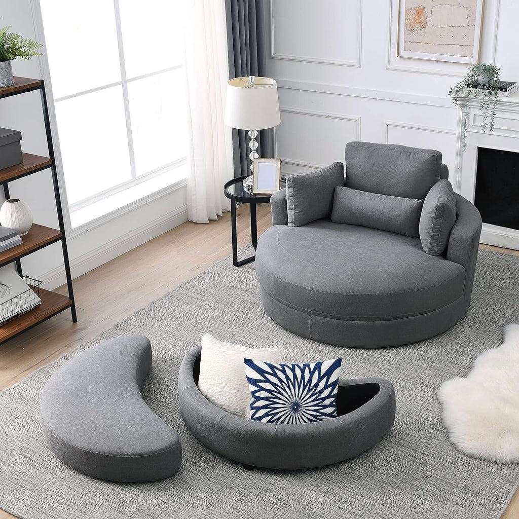 Dark Grey Linen Swivel Accent Chair with Storage Ottoman T98712