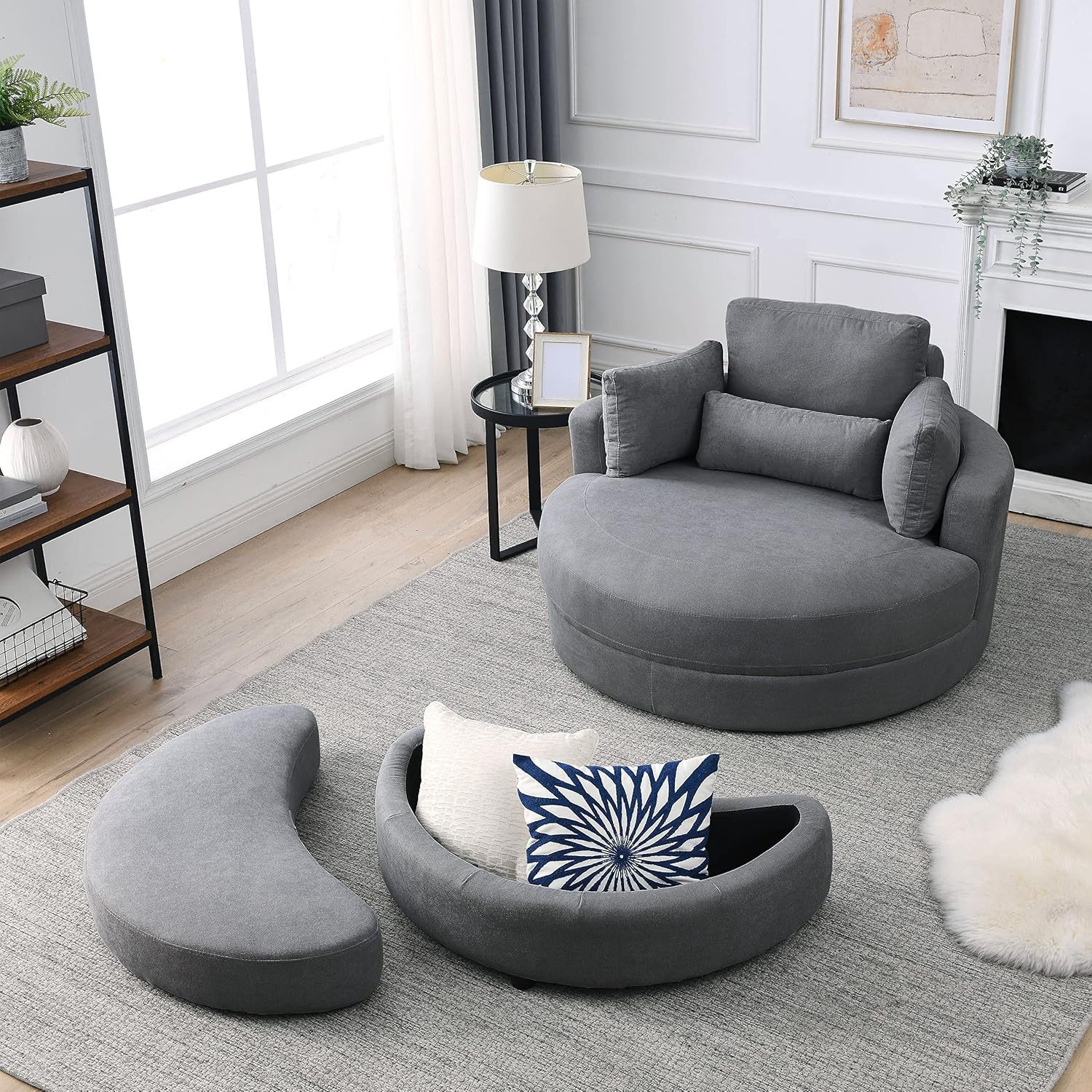 Dark Grey Linen Swivel Accent Chair with Storage Ottoman T98712