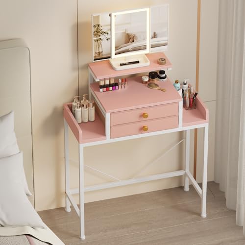 White 28.4''W Small Makeup Vanity Desk with Mirror and Lights, 2 Fabric Drawers O831496