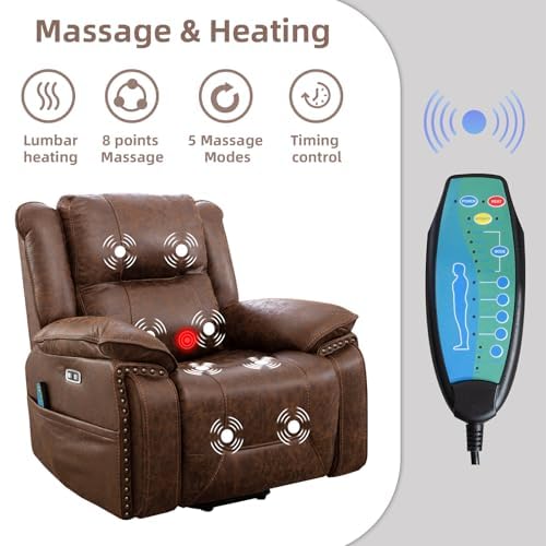 Brown Leather Power Lift Chair with Massage and Heat H16630