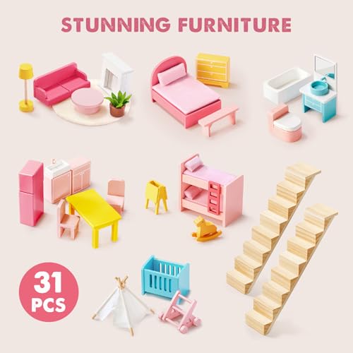6 Rooms Wooden Dollhouse with 31Pcs Furniture Accessories G3773