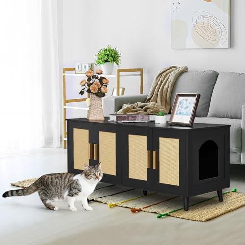 Boho Cat Litter Box Enclosure with Double Rattan Decorated Doors, 47.2"L x 19.7"W x 21.7"H, Natural U430