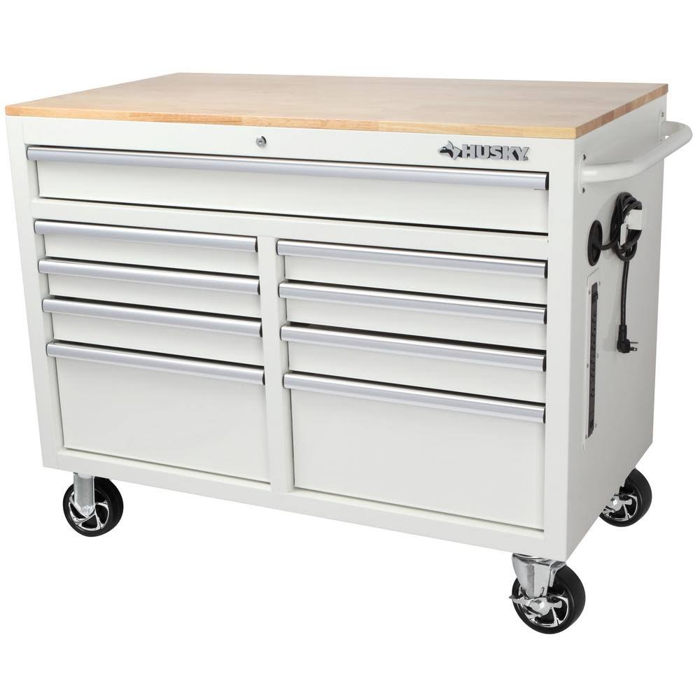 46 in. W 9-drawer Deep Tool Chest Mobile Workbench in Gloss White with Hardwood Top H5633