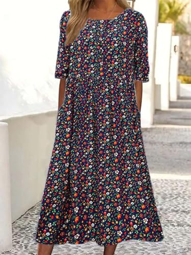 Boho Floral A Line Midi Dress with Pockets V7831