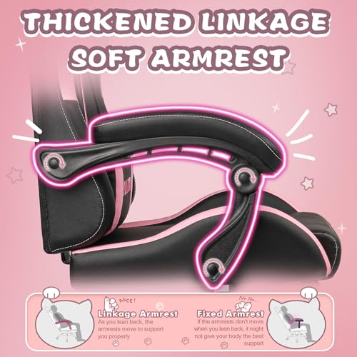 Pink Gaming Chair with Cat Ears and Cat Paw Cushion Pillow with Footrest V491