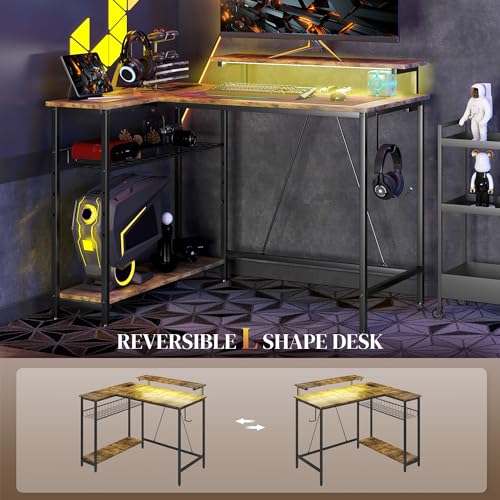 Black L Shaped Desk with LED Lights, Power Outlet, USB Charging Ports, Storage Shelves, Monitor Stand D489077