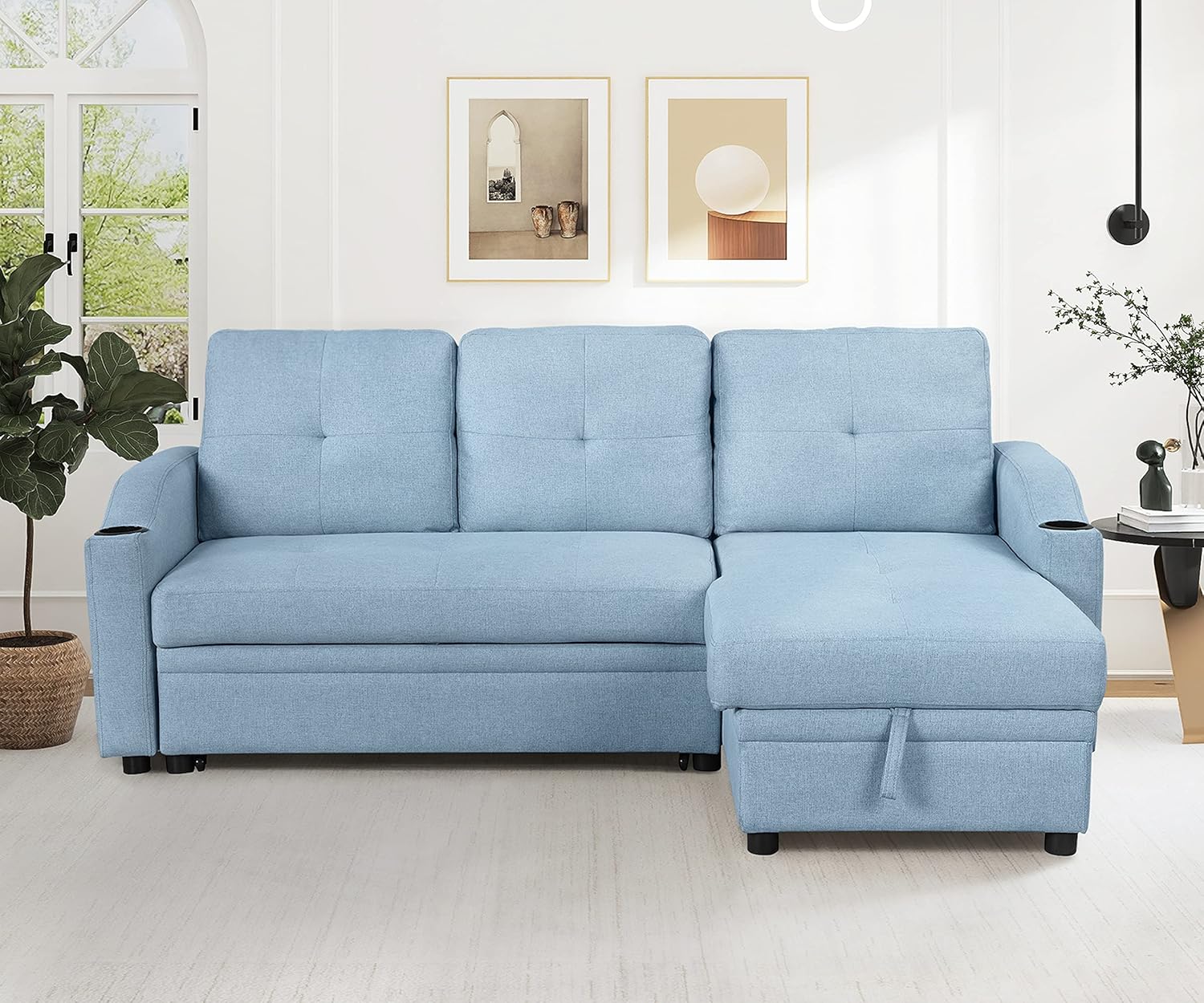 Blue Linen Fabric L-Shape Convertible Sleeper Sofa with Pull-Out Bed O890