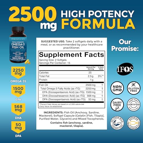 Triple Strength Omega 3 Fish Oil Supplement - 2500 mg with EPA, DHA, DPA - 90 Softgels M1756