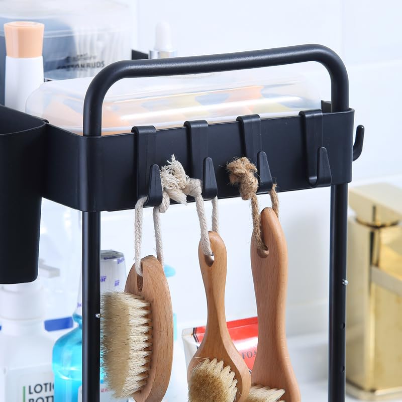 2 Pack Black 2 Tier Sliding Under Sink Shelf with 4 Hooks and Cup Slot E8904