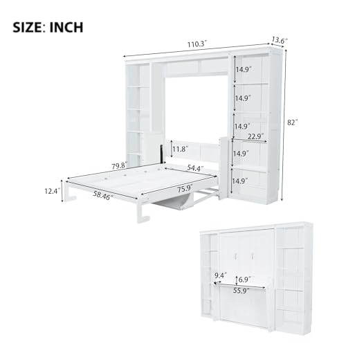 White Queen Size Wooden Murphy Wall Bed with Storage Shelf I185303