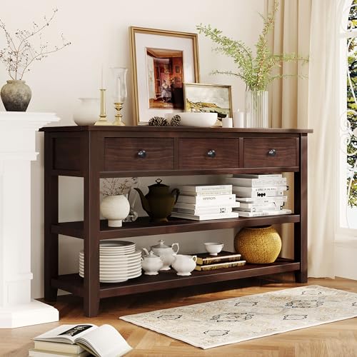 Espresso Console Table with Storage Drawers and Shelves B386299