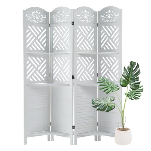 6 Panels Natural Wood Room Divider with Shelves M490821