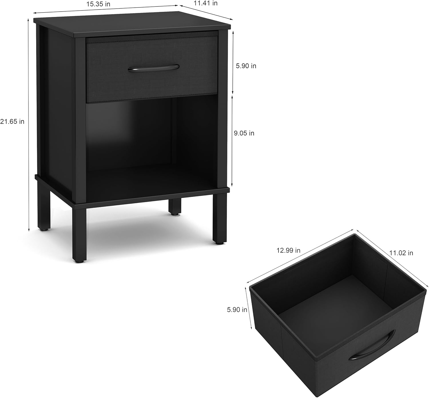 Black Nightstand Set of 2 with Fabric Drawers Q4039