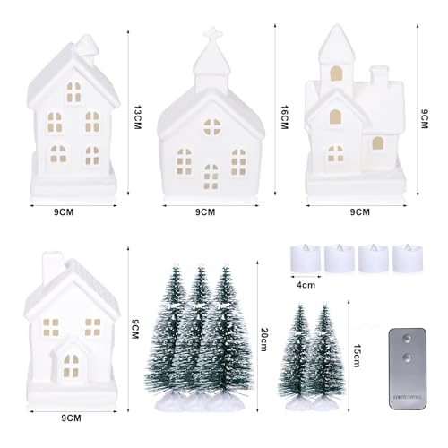9 Pcs Christmas Village Figurines Sets - 4 Lighted Ceramic Houses with Remote Control & 5 Trees - White Christmas Decorations L2657