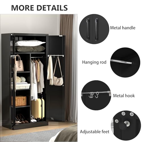 White Metal Armoire Wardrobe Closet with 2 Doors & 2 Drawers and Hanging Rod J3526