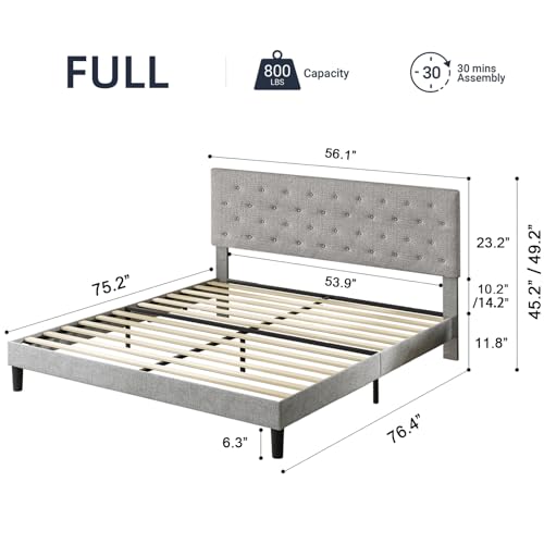 Queen Size Platform Bed Frame with Upholstered Headboard, Button Tufted Design, Light Grey X24592