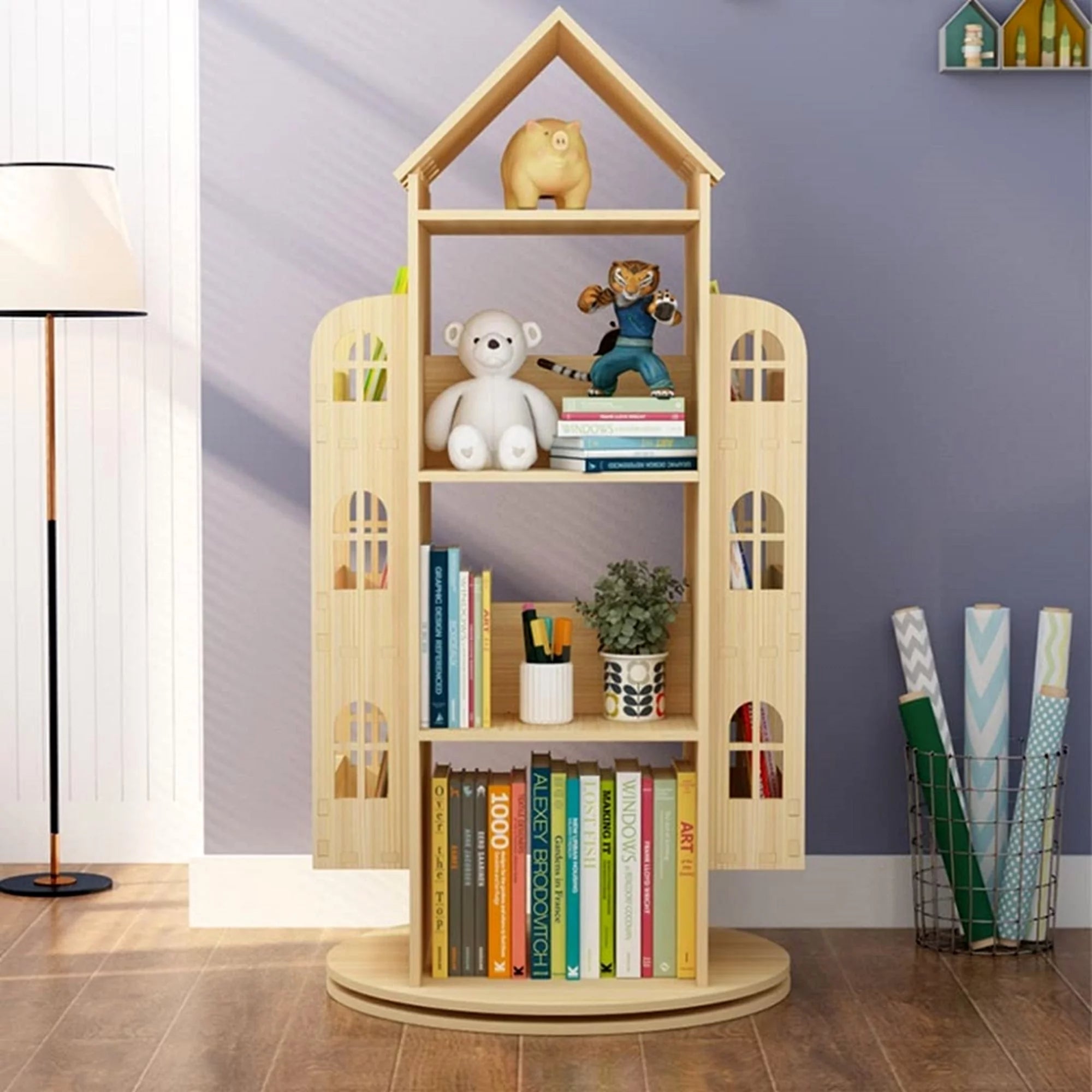 4-Tier Rotating Solid Wood Bookshelf J3259
