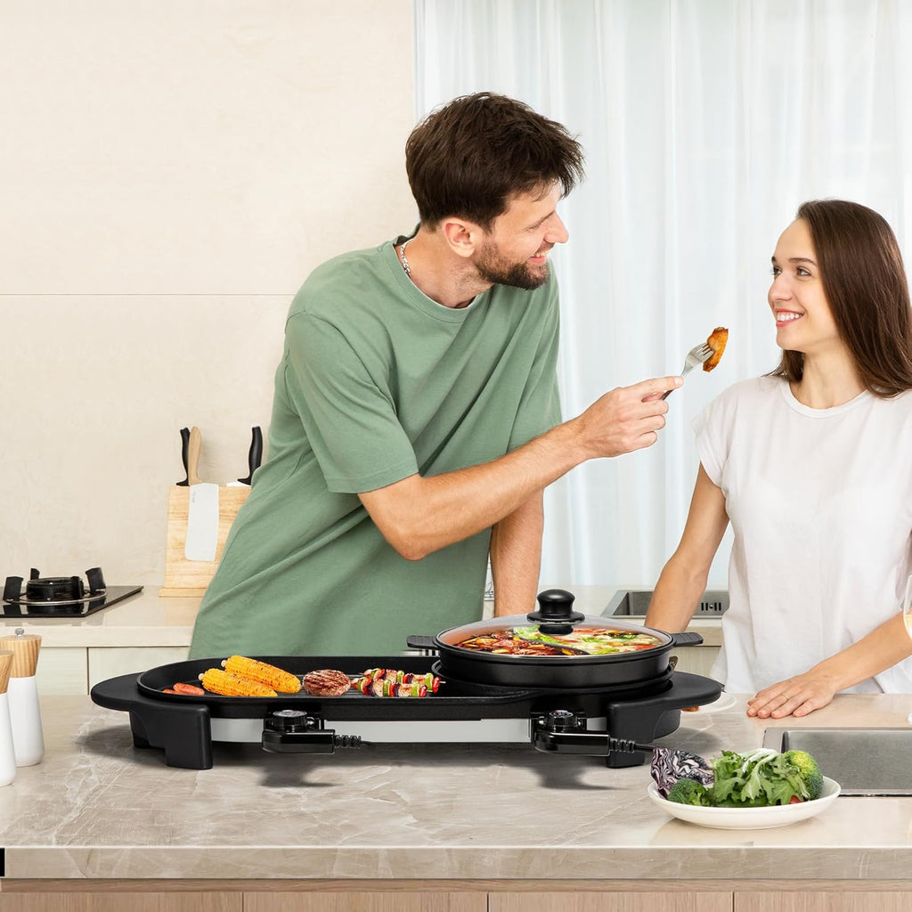 2200W Electric Hot Pot with Grill, Removable Non-stick Shabu-shabu Pot with Baking Pan, Separate Temperature Control 2-IN-1 Hotpot BBQ E730