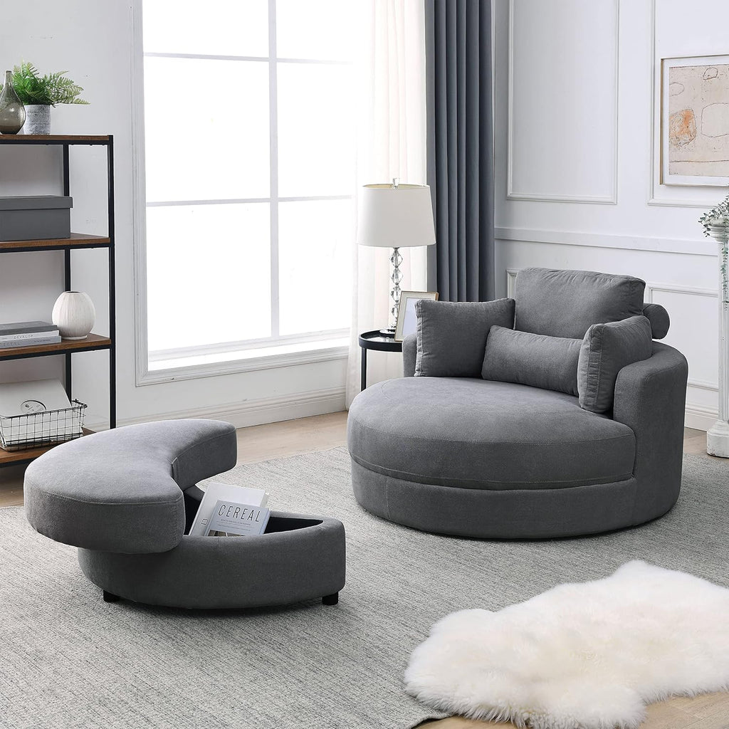 Dark Grey Linen Swivel Accent Chair with Storage Ottoman T98712