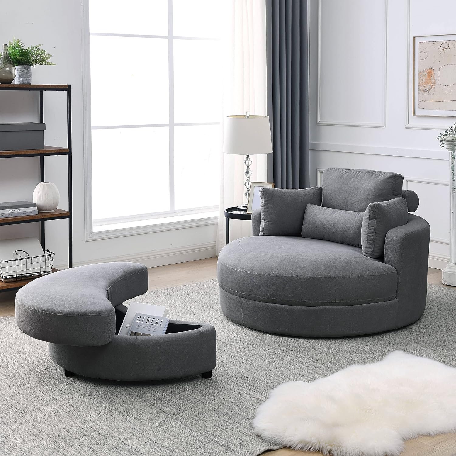 Dark Grey Linen Swivel Accent Chair with Storage Ottoman T98712