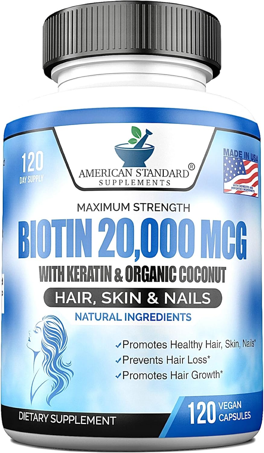 Biotin 20,000mcg with Keratin, Organic Coconut and Zinc, 120 Vegan Capsules M754334