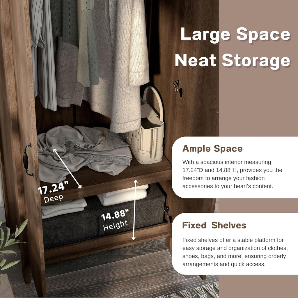 Walnut Brown 2-Doors Wood Armoire Wardrobe Closet with Fixed Shelves and Hanging Rack M110984