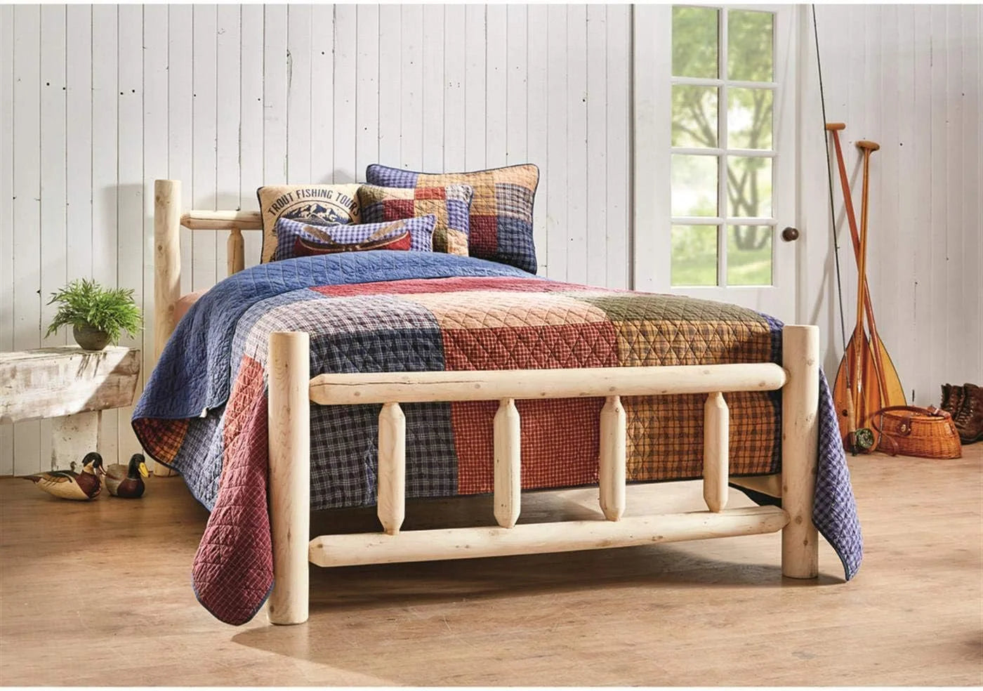 Rustic Natural Unfinished Wooden Queen Bed with Headboard and Footboard U271