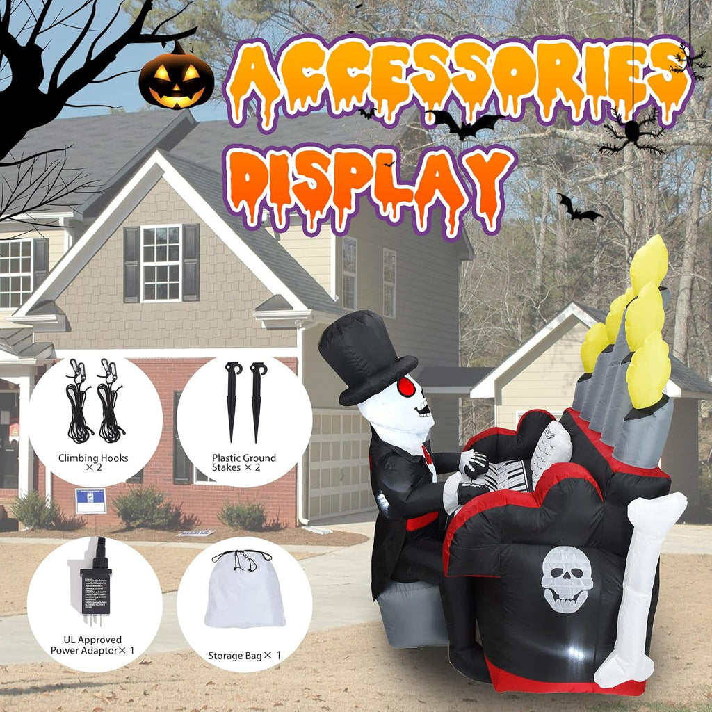 5.4FT Halloween Inflatable Skeleton Playing Piano with LED Lights and Bluetooth Speaker E350