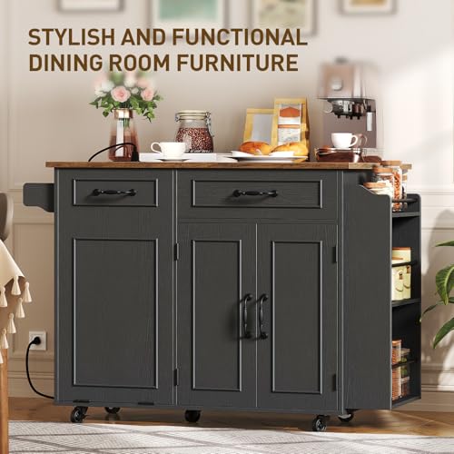 White and Walnut Kitchen Island with Power Outlet and Drop Leaf W7712