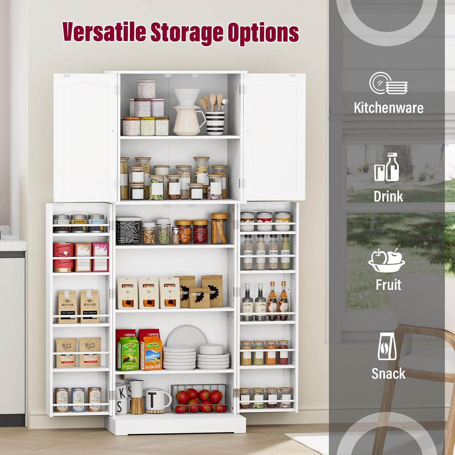 White Tall Freestanding Kitchen Pantry Cabinet with Doors and Shelves O44587