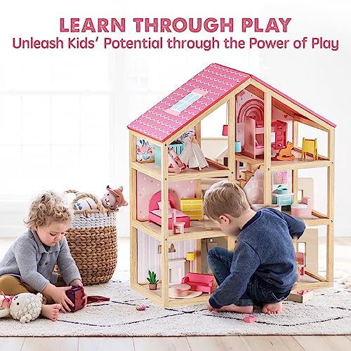 6 Rooms Wooden Dollhouse with 31Pcs Furniture Accessories G3773
