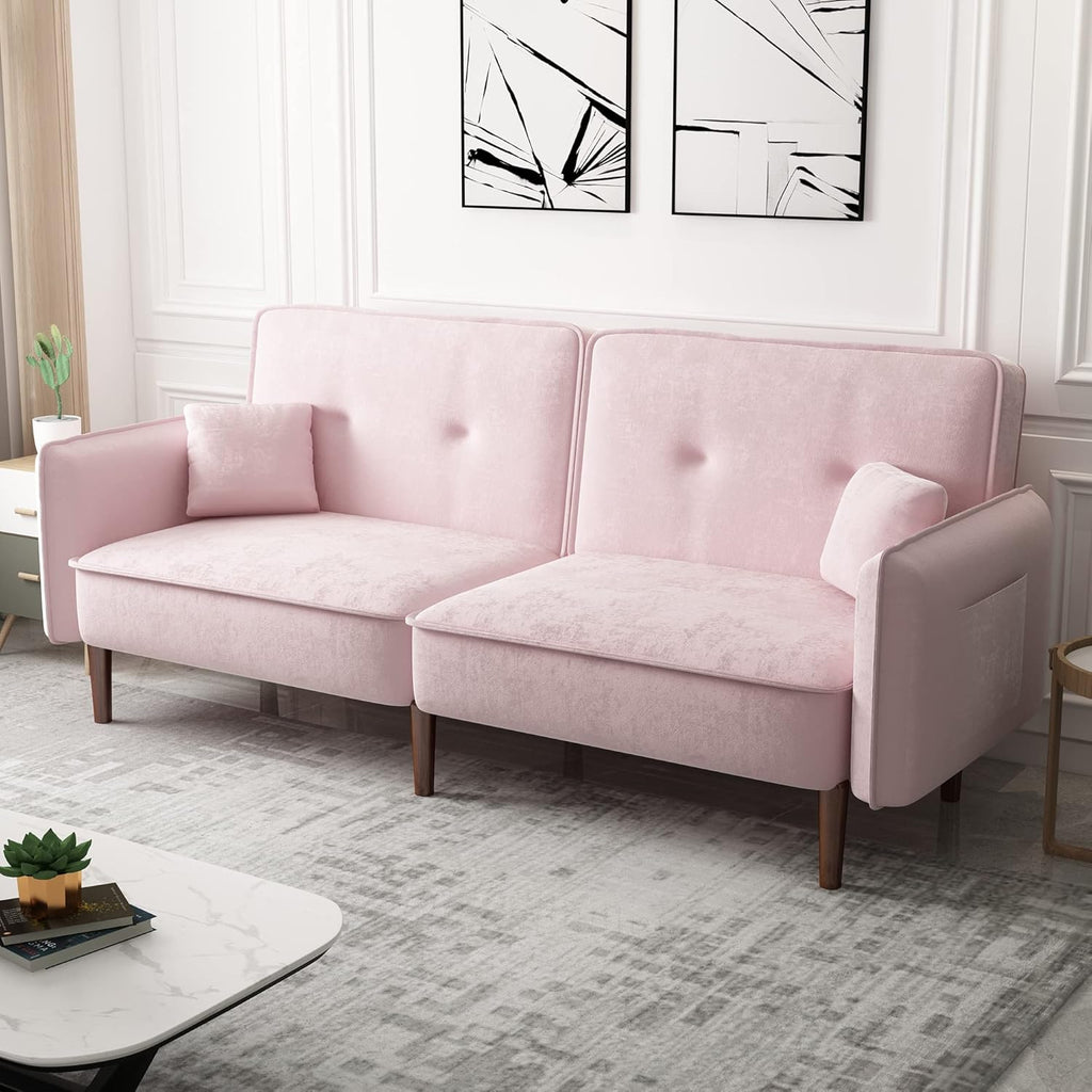 Pink Velvet Convertible Sofa Bed with Magazine Bag N1020