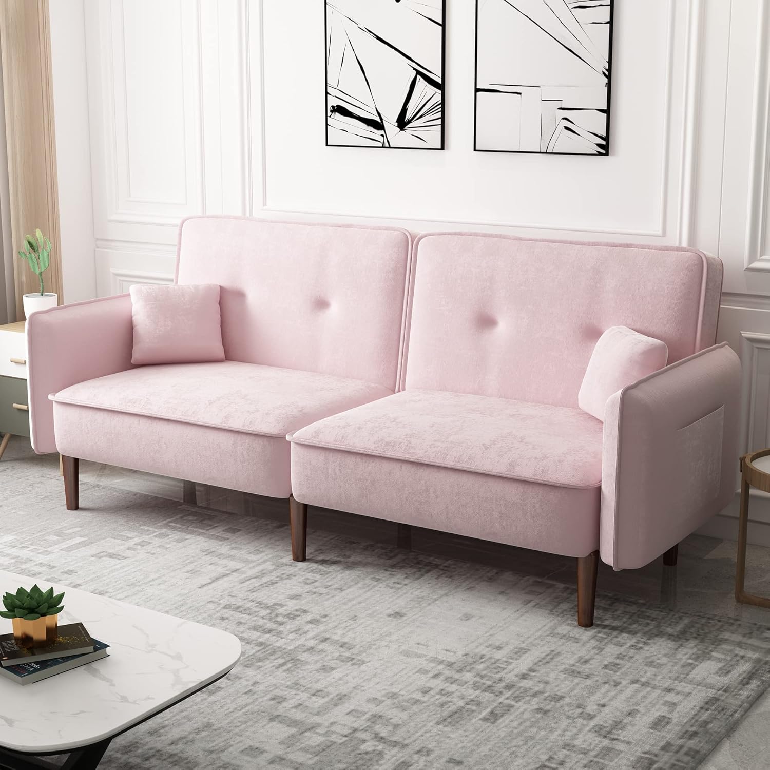Pink Velvet Convertible Sofa Bed with Magazine Bag N1020