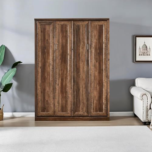 Queen Size White Wood Murphy Bed with Storage Bookcase Shelves T158053