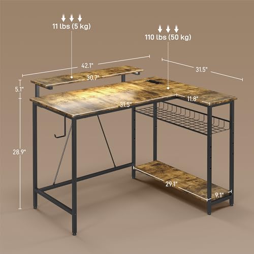 Black L Shaped Desk with LED Lights, Power Outlet, USB Charging Ports, Storage Shelves, Monitor Stand D489077
