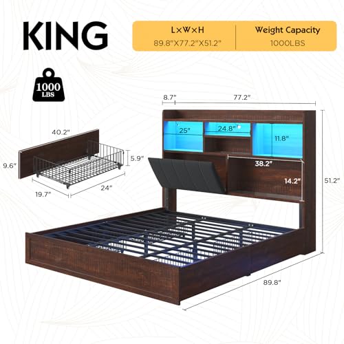 Black Farmhouse Bed Frame with Bookcase Headboard and 4 Drawers X296441