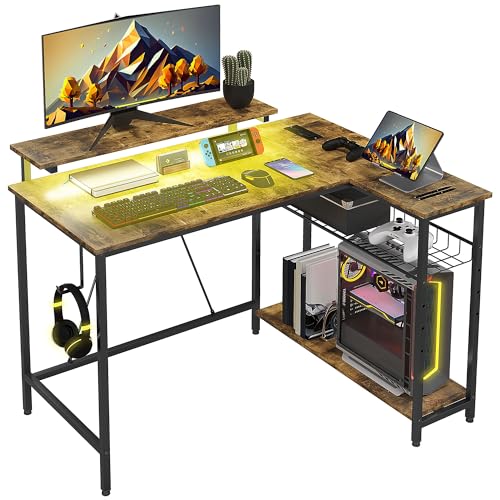 Black L Shaped Desk with LED Lights, Power Outlet, USB Charging Ports, Storage Shelves, Monitor Stand D489077