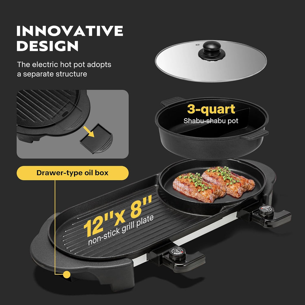 2200W Electric Hot Pot with Grill, Removable Non-stick Shabu-shabu Pot with Baking Pan, Separate Temperature Control 2-IN-1 Hotpot BBQ E730