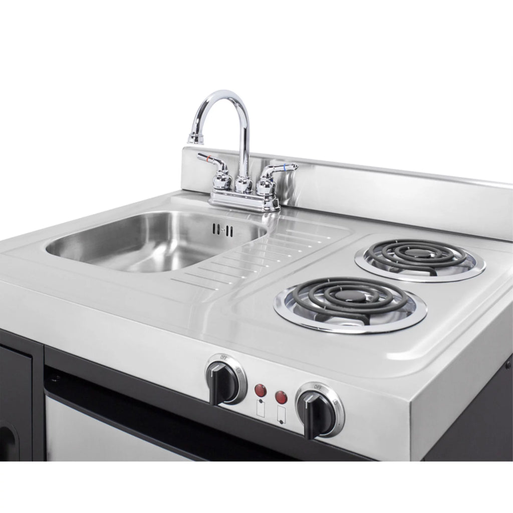 30" wide all-in-one kitchenette with 2-burner 115V coil cooktop, refrigerator-freezer, sink, and storage cabinet I812