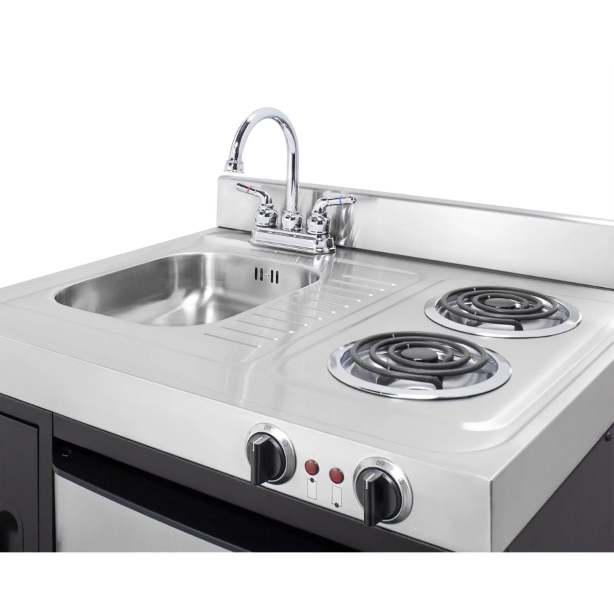 30" wide all-in-one kitchenette with 2-burner 115V coil cooktop, refrigerator-freezer, sink, and storage cabinet I812