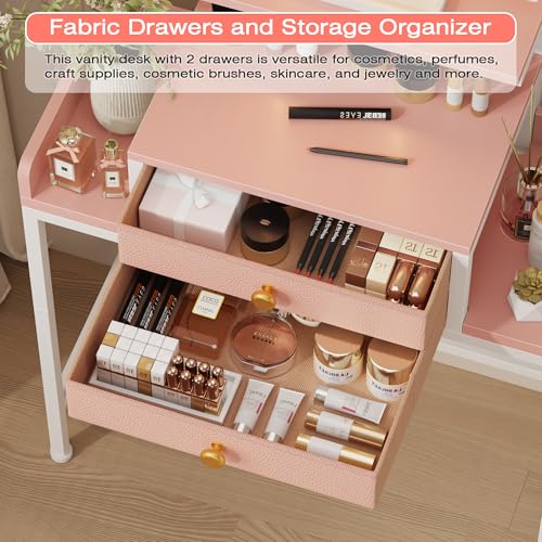 White 28.4''W Small Makeup Vanity Desk with Mirror and Lights, 2 Fabric Drawers O831496