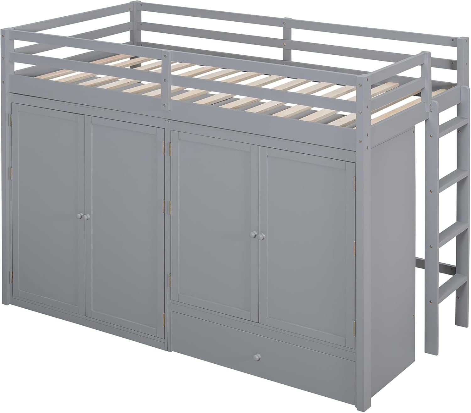 Gray Wood Twin Size Loft Bed with Storage Drawer and Two Wardrobes C96581