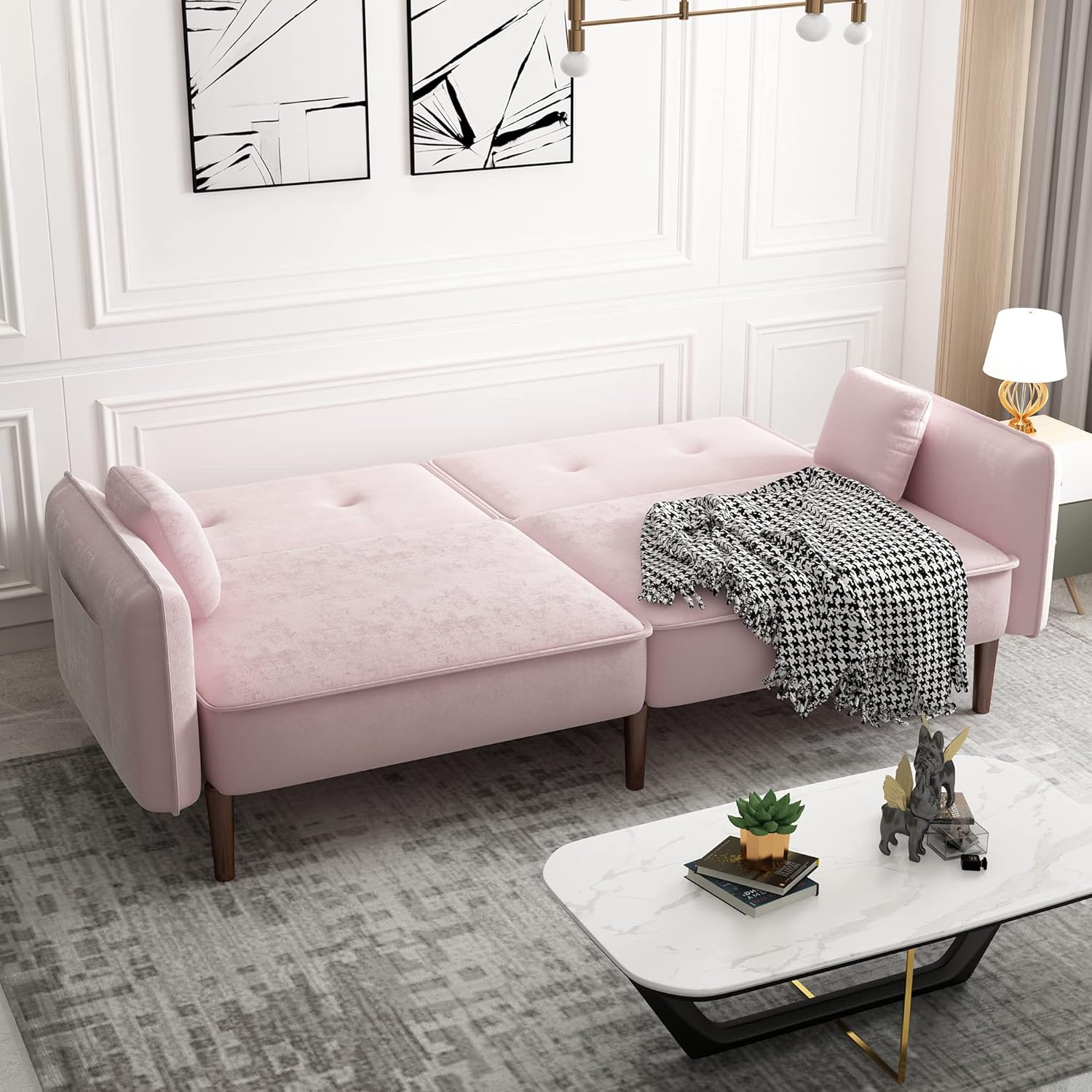 Pink Velvet Convertible Sofa Bed with Magazine Bag N1020