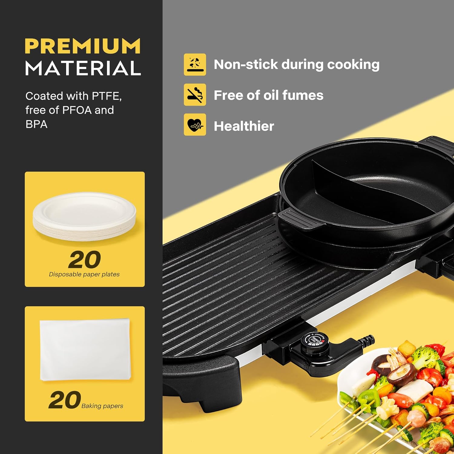 2200W Electric Hot Pot with Grill, Removable Non-stick Shabu-shabu Pot with Baking Pan, Separate Temperature Control 2-IN-1 Hotpot BBQ E730