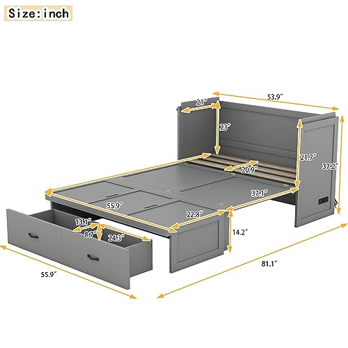 White Queen Size Foldable Wood Wall Bed Frame with Shelves and LED Lights W907
