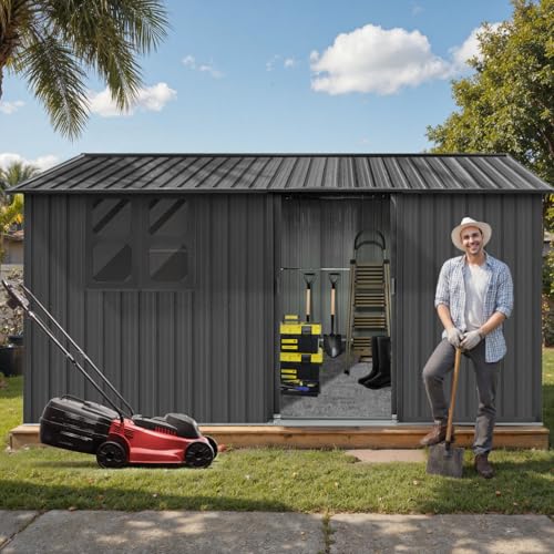 Grey Metal Outdoor Storage Shed with Windows and Lockable Doors L12614