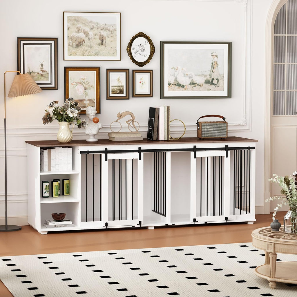 White 86.6" Wooden Dog Crate Furniture with Shelves, Divider & Sliding Door U742858