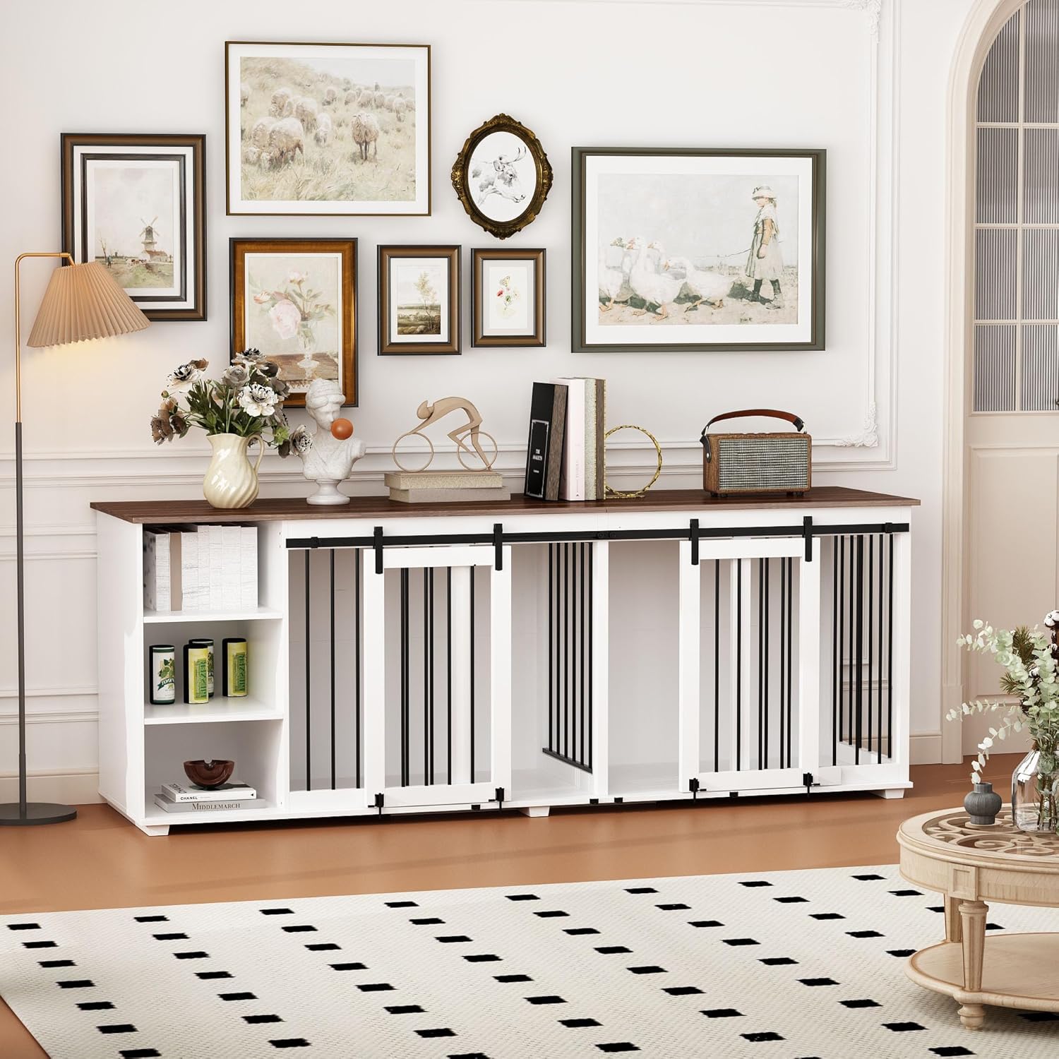 White 86.6" Wooden Dog Crate Furniture with Shelves, Divider & Sliding Door U742858